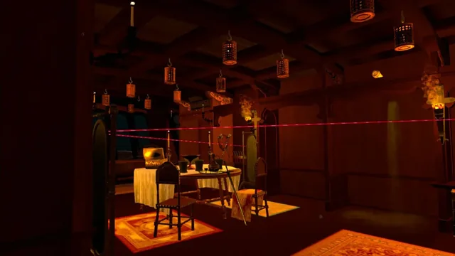 Lantern-lit room with a dining table and traps in The Curse of Topaz.